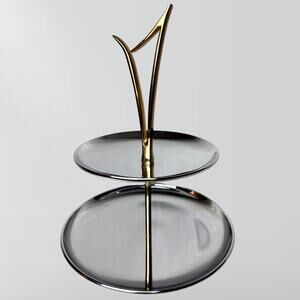 Vintage Mid Century MCM Atomic Chrome & Brass 2 Tiered Serving Tray